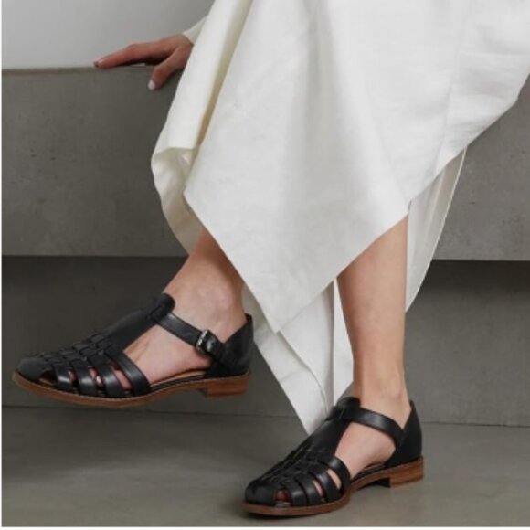 FSJ Black Closed Toe Low Block Heel Woven Roman Ankle Strap Hollow Caged Sandals - Picture 1 of 8